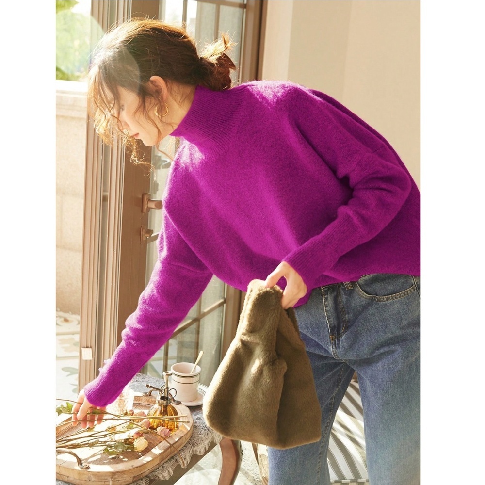 Fuchsia Knit Turtleneck Pullover Sweater Long Sleeve Drop Shoulder
